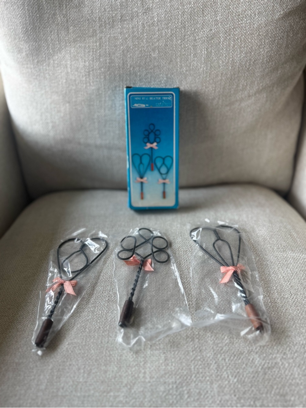 Set of Three Darling Vintage Decorative Mini Rug Beaters with Pink Bows